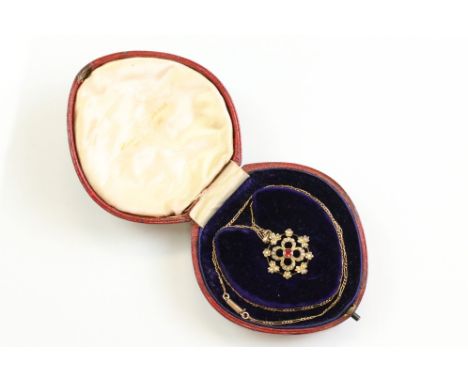 Edwardian red spinel and seed pearl 9ct yellow gold pendant necklace, round mixed cut red spinel to the centre, graduated see