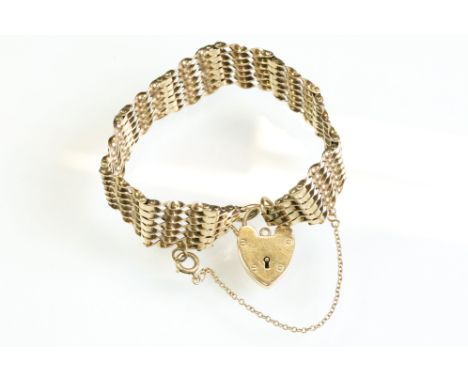9ct gold gate link bracelet, padlock clasp, safety chain, width approx 15.5mm 