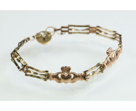 Yellow and rose metal claddagh gate link bracelet, padlock clasp, width approx 10mm 