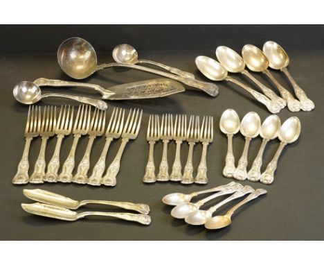 Matched Kings pattern mixed silver flatware to include teaspoons, table spoons, forks, sauce ladles, fish knifes, various mak