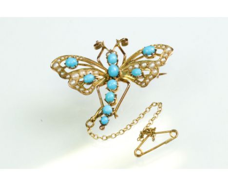 Early 20th century turquoise and pearl 9ct yellow gold dragonfly brooch, the torso set with six graduated small round cabocho