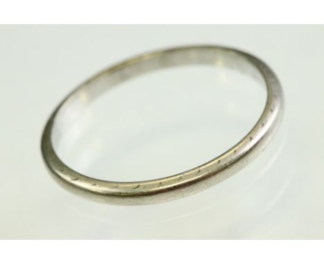 White metal wedding band, width approx 2mm, ring size R 