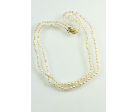 Two strand cultured pearl 9ct gold necklace, graduated cream cultured pearls, the largest measuring approx 6.5mm, 9ct gold cl