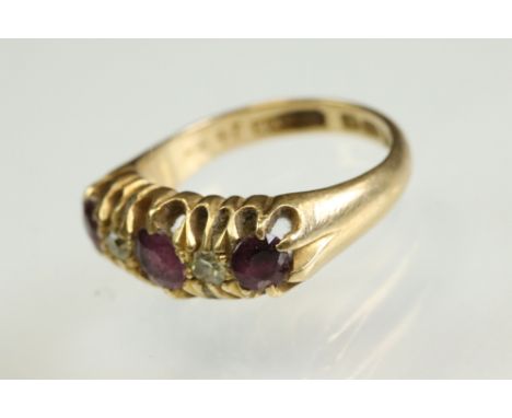 Ruby and diamond 18ct yellow gold five stone ring, coronet setting, ring size K , hallmarked Chester 1916 