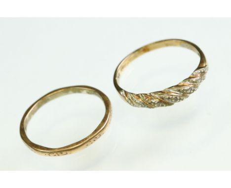 Diamond 9ct yellow and white gold set ring, five small round eight cut diamonds, ring size L½, together with a 9ct rose gold 