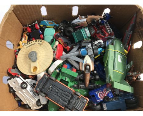 A box of playworn diecast vehicles including Matchbox, Corgi, Lledo etc