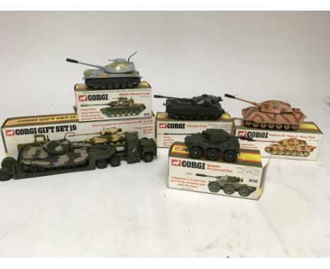 Corgi toys, boxed Diecast military vehicles, including Gift set 10, Tank transporter and Centurion Mklll tank, M60A1 Medium t