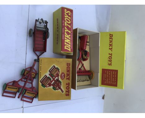 Dinky toys, reproduction boxes, including #310 farm tractor and hay rake, #323 triple gang mower and #321 a Massey Harris man