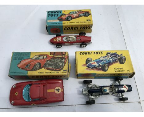 Corgi toys, boxed, Ferrari F1 Grand Prix racing car #154, Ferrari Berlinetta 250 Le Mans #314 and Cooper Maserati F1 racing c