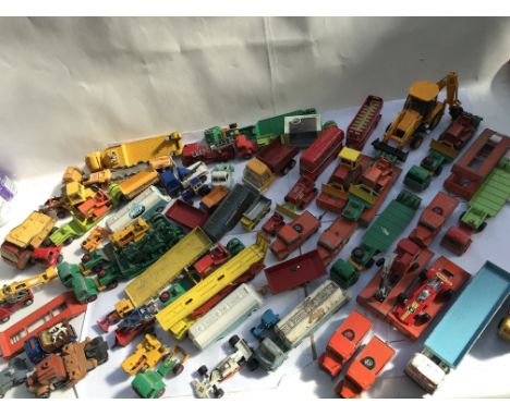 A box of playworn diecast vehicles including Matchbox, Corgi etc and a Matchbox carry case