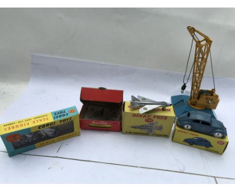 Dinky toys , boxed , Lightning fighter #737, Volkswagen #181 and a loose Goods yard crane #973 also Corgi boxed Scale figures