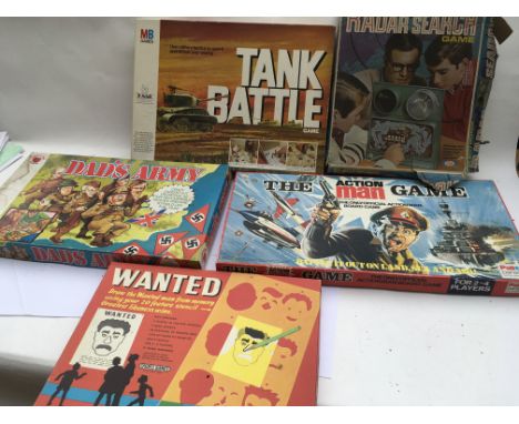 A collection of vintage board games including Dads Army, Tank battle, Radar search, Action man and Wanted