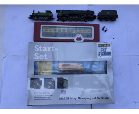 A box of OO gauge railway including The city of Bradford Locomotive, an LNER shunted and a boxed Faller car system