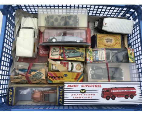 A box of playworn diecast vehicles including Corgi, Norev etc