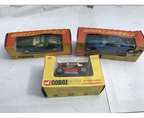 Corgi toys, boxed, Whizzwheels, including, Mercedes benz 350SL #393, Mangusta de tomaso #203 and a GP beach buggy #381