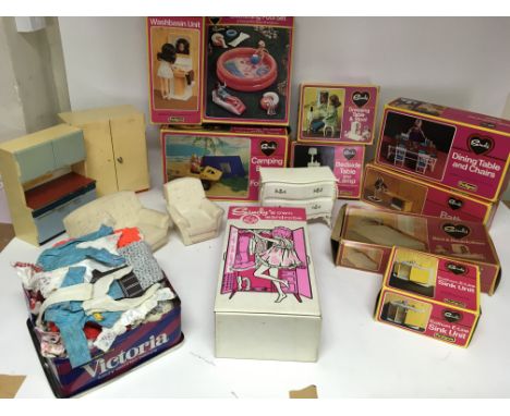 Sindy, boxed items include a washbasin unit, camping buggy, dressing table and stool, Bedside table  and lamp, dining table a