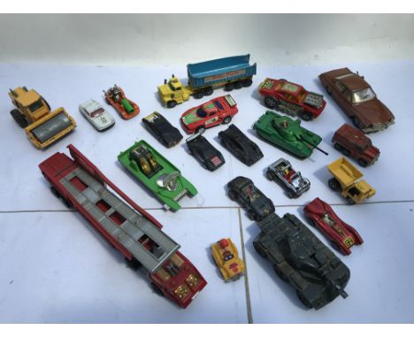 A collection of playworn diecast vehicles including Matchbox, Corgi etc