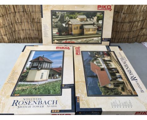 Piko, G gauge trackside, weather proofed model building kits including Rosenbach Switch tower, station and engine shed, boxed