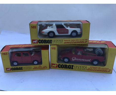 Corgi toys, Whizzwheels, boxed diecast vehicles including OSI Daf-city car #283, Citroen DS #510, Porsche targa 911S police c