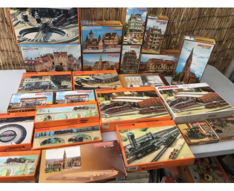 A box containing N gauge trackside models, boxed of building including Engine sheds, churches, bridges etc , Vollmer, Arnold 
