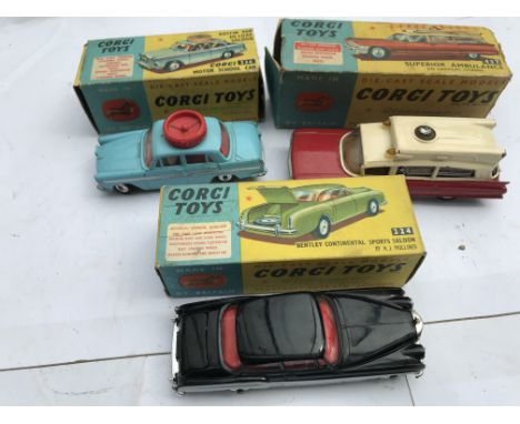 Corgi toys, boxed, Austin A60 de lux saloon motor school car #236, Superior Ambulance #437 and Bentley continental sport salo