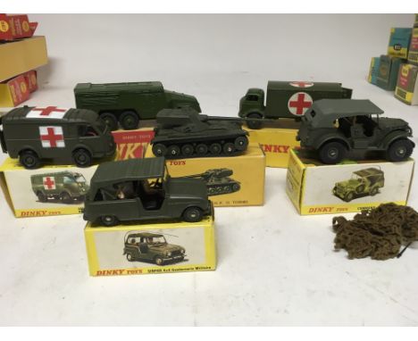 Dinky toys, boxed Diecast military vehicles, including Sinpar 4x4 #815,Military Ambulance #807, AMX tank #817, Command car #8