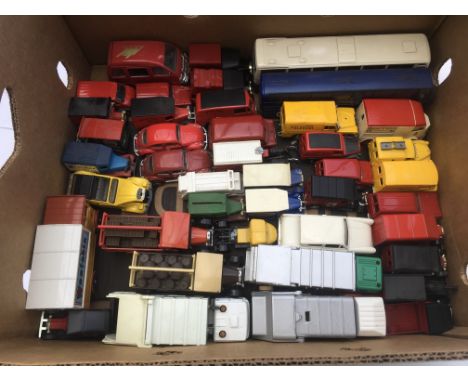 A box of playworn diecast vehicles including Corgi etc