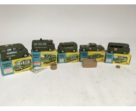 Corgi toys, boxed Diecast military vehicles, including, Army field kitchen #359, Military police truck #355, personnel carrie