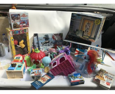 A box of toys including My little pony, Star Wars Action fleet set, Magic roundabout Star Trek etc