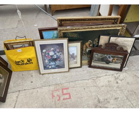A QUANTITY OF FRAMED PRINTS AND A MIRROR 