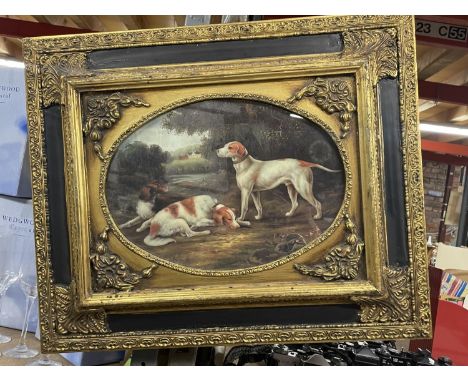 AN ORNATE GILT FRAMED PRINT OF THREE HOUNDS 