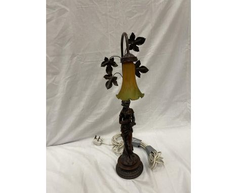 A TABLE LAMP WITH A RESIN LADY BASE AND A FLORAL SHADE HEIGHT 64CM 