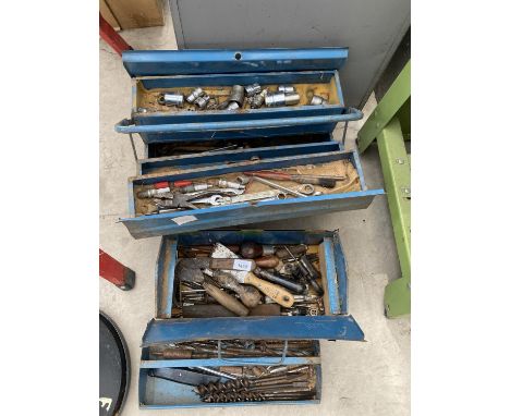 TWO METAL FOLDING TOOL BOXES AND CONTAENTS TO INCLUDE DRILL BITS, SPANNERS, TAP AND DIE ETC 