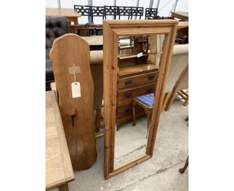 A MODERN PINE CHEVAL MIRROR AND RUSTIC PINE TABLE OR BENCH TOP 