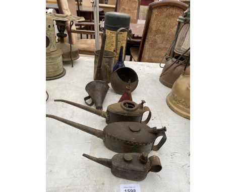 VARIOUS VINTAGE ITEMS TO INCLUDE FOUR OIL CANS, FUNNELS ETC 
