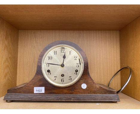 AN OAK CASED NAPOLEON HAT MANTLE CLOCK 