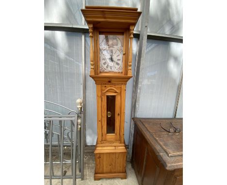 A MODERN PINE LONGCASE CLOCK WITH GLASS DOOR AND QUARTZ MOVEMENT 