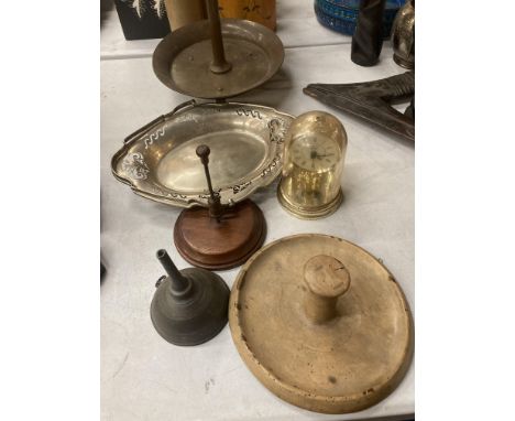 A LARGE COPPER FOOTED CANDLESTICK ON A WIDE BASE HEIGHT 78CM, DIAMETER OF BASE 25CM, A SYCAMORE WELSH BUTTER WORKER, AN EPNS,