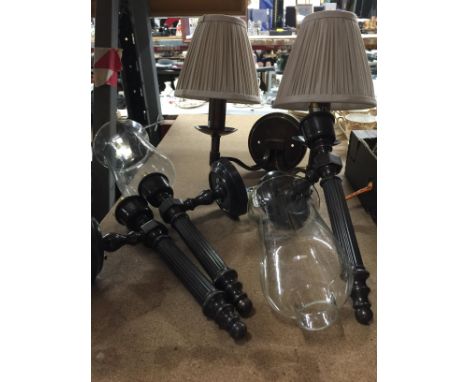 A PAIR OF WALL LIGHTS WITH HURRICANE GLASS SHADES TOGETHER WITH A DOUBLE WALL LIGHT WITH BEIGE SHADES 