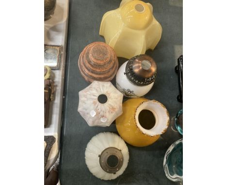 SIX VINTAGE GLASS LIGHT SHADES TO INCLUDE FROSTED AND MOTTLED GLASS, ETC 