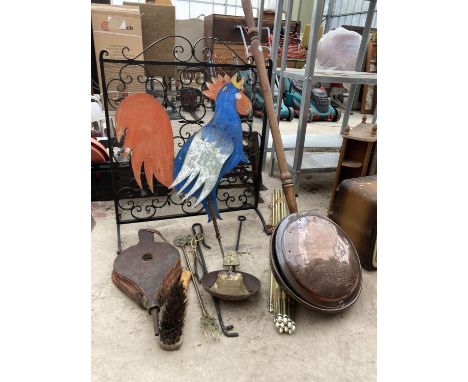 VARIOUS ITEMS TO INCLUDE A FIRESCREEN, BELLOWS, WARMING PAN ETC 