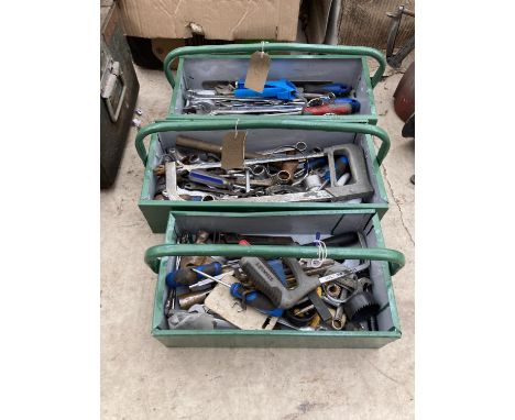 THREE TOOL BOXES AND CONTENTS TO INCLUDE SPANNERS, SAW, SCREW DRIVERS ETC 