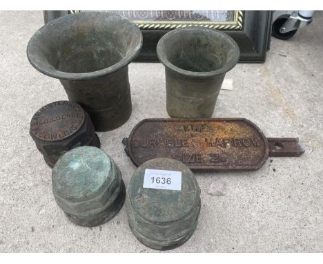SIX VINTAGE ITEMS TO INCLUDE THREE WHEEL HOBS TWO BEAKERS AND A SIGN 