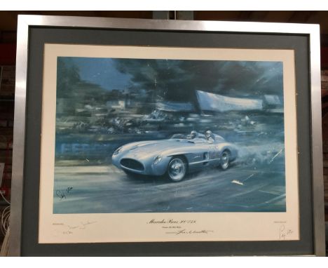 A LIMITED EDITION FRAMED PRINT OF MERCEDES-BENZ SLR - WINNERS 1955 MILLE MIGLIA, SIGNED STIRLING MOSS AND DENIS JENKINSON 755