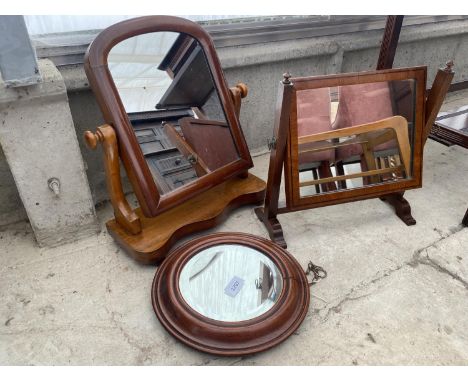 A VICTORIAN MAHOGANY SWING FRAME DRESSING MIRROR ON PLATEAU BASE, SWING MIRROR IN FRAME AND A CIRCULAR MAHOGANY BEVEL EDGE MI