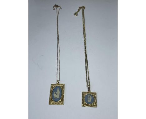 TWO YELLOW METAL NECKLACES WITH WEDGEWOOD JASPERWARE PENDANTS 