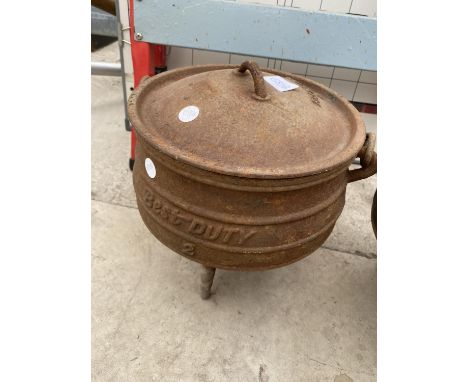 A VINTAGE CAST IRON BEST DUTY LIDDED COOKING POT 