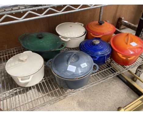SEVEN VARIOUS ENAMEL LIDDED DISHES 