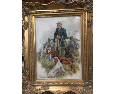 A GILT FRAMED LAQUERED PRINT OF A GENTLEMEN OUT SHOOTING 