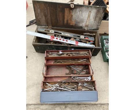 TWO TOOL BOXES ONE WOODEN AND ONE METAL FOLDOUT WITH TOOLS TO INCLUDE VINTAGE SPANNERS 